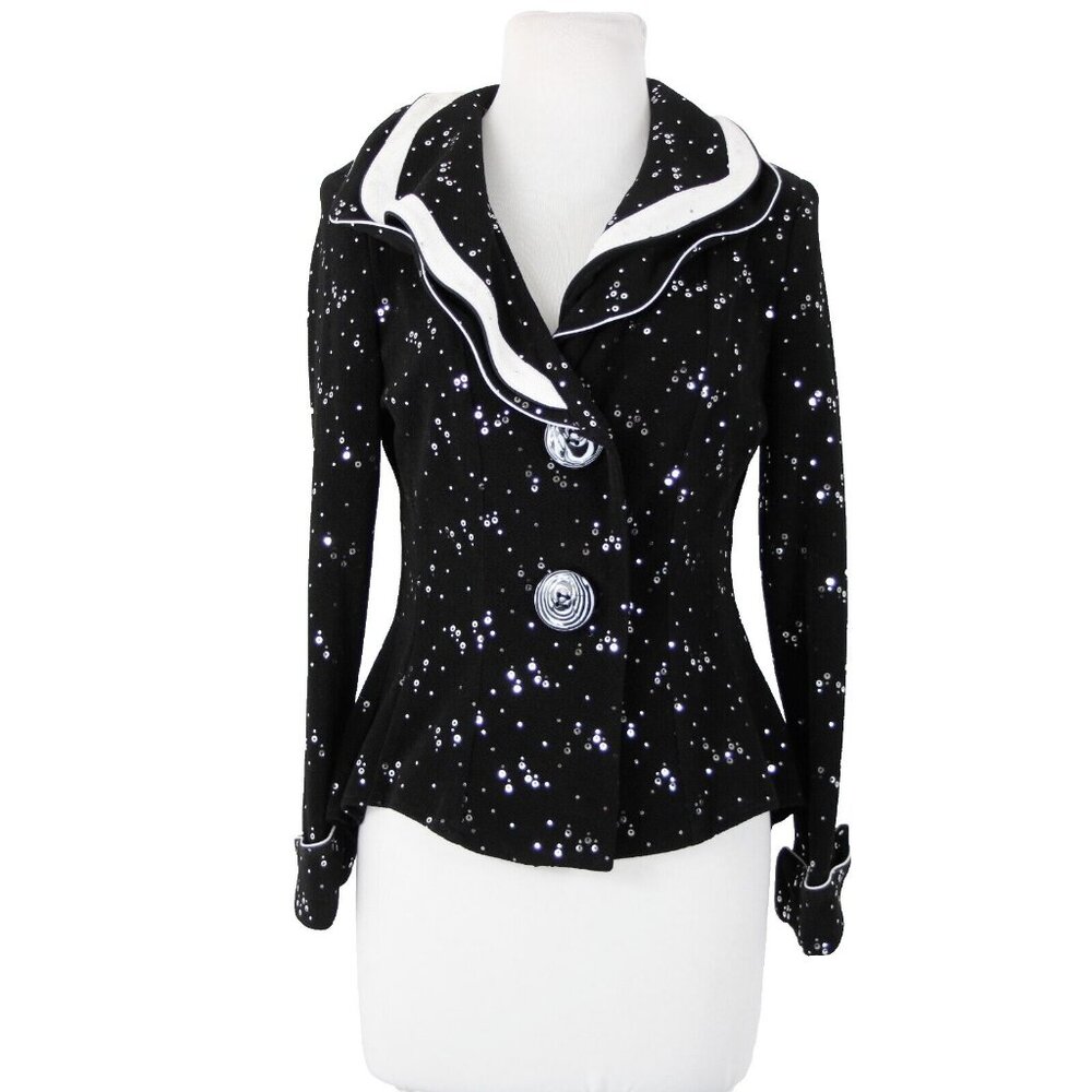 Song Sung Sz M Black White Silver Sequin Collared Acetate Spandex Jacket